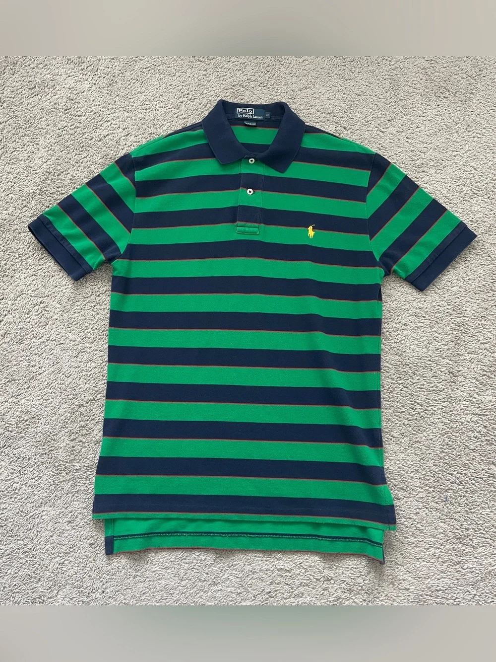 Vintage Ralph Lauren Green & Navy Striped Polo with Yellow Logo